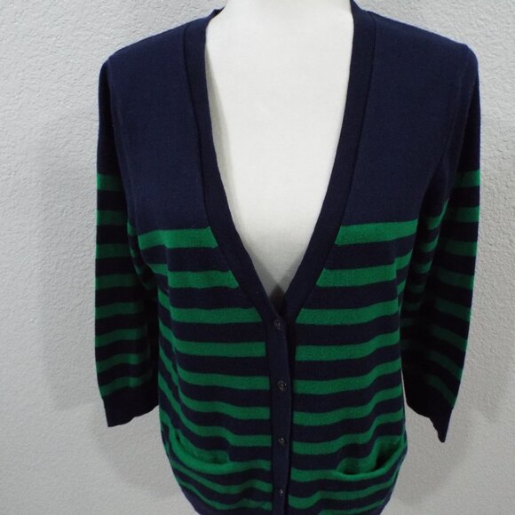 Gap Women's Navy/ Kelly Green 3/4 Sleeve Striped V-Neck Button Up Cardigan Med - Picture 2 of 9